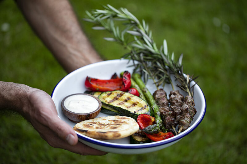 Lamb Kebabs on Rosemary Skewers. Quick and easy Barbecue dinner.