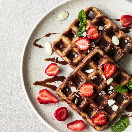 Vanilla Buckwheat Waffles with Organic Honey and Cacao. GF, Refined Sugar-free Recipe.