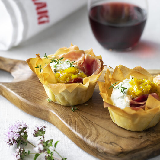 Filo Pastry Nests with Whipped Goat Cheese, Prosciutto and Kamo Kamo Pickle.