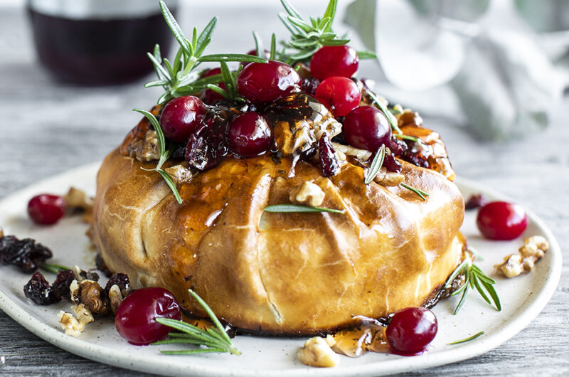 Baked Brie in Puff Pastry with Nuts, Berries and Kawa Kawa Jelly.