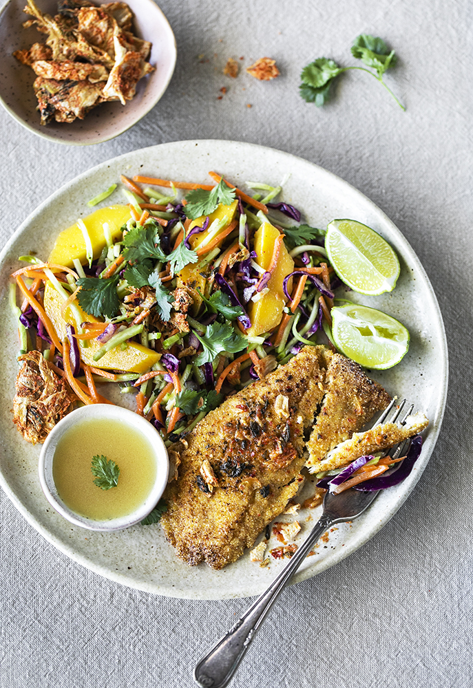 Pan-fried kimchi crumbled fish with mango-lime slaw