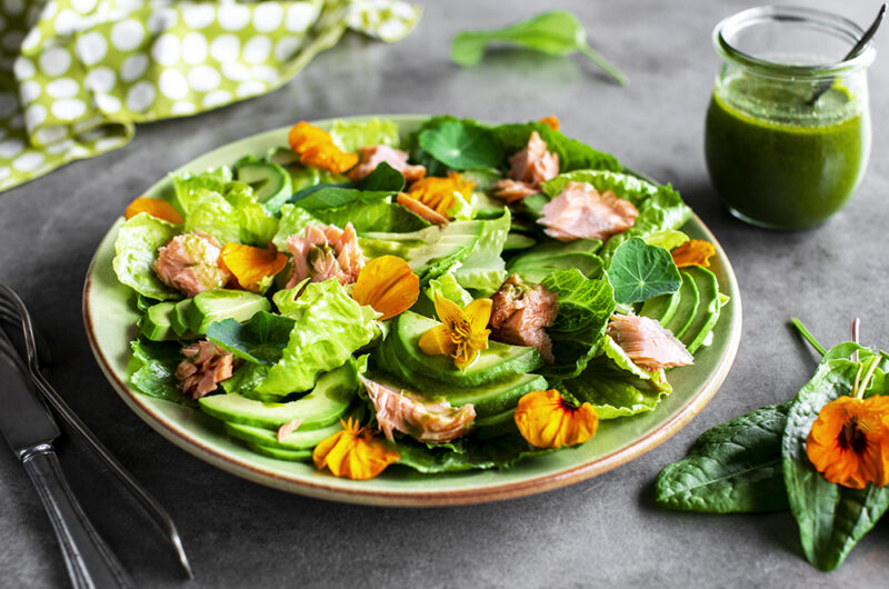 Hot Smoked Salmon Salad with Sorrel Dressing. Low Carb, Keto-friendly Recipe.